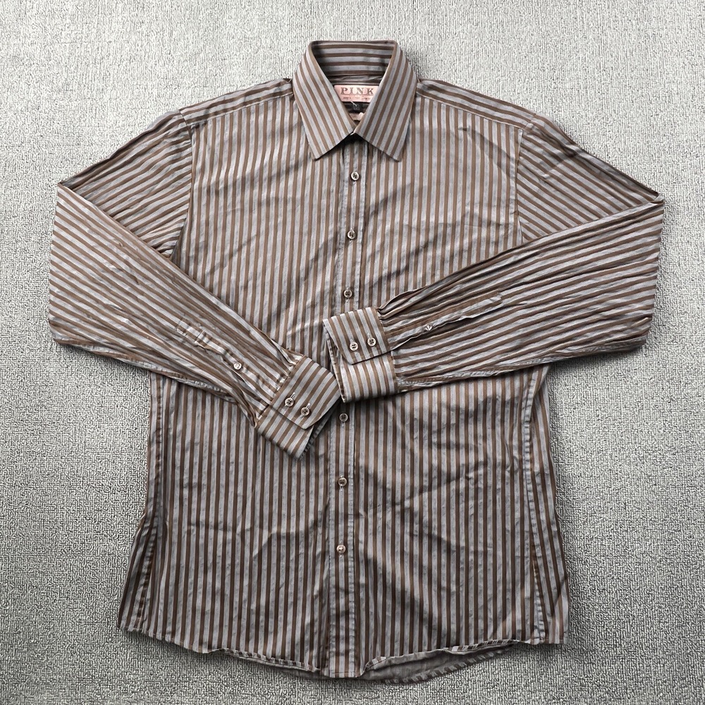 Thomas Pink Shirt Adult Size 15.5 - 39 Striped Button Up Long Sleeve Casual Mens